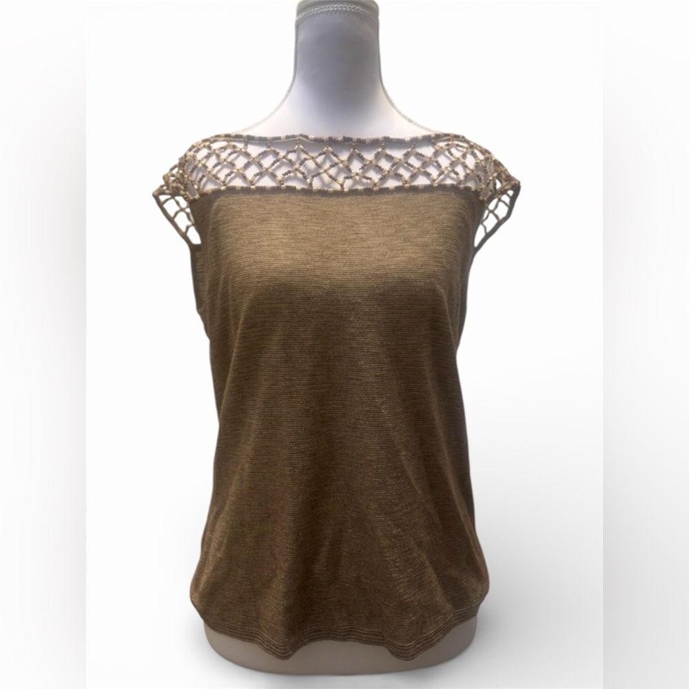 Escada Beaded Metallic Knit Top Gold Tan Size 42 (US 10-12) with Cap Sleeves
